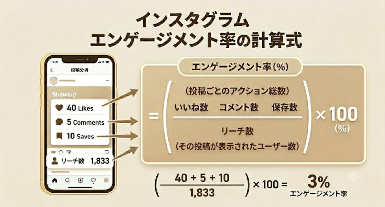 インスタのエンゲージメント率の計算式を示すベージュ基調の画像。分子（いいね・コメント・保存数）を分母（リーチ数）で割り100を掛ける式と、実際の数値を用いた計算で結果が3%になる具体例を解説している。