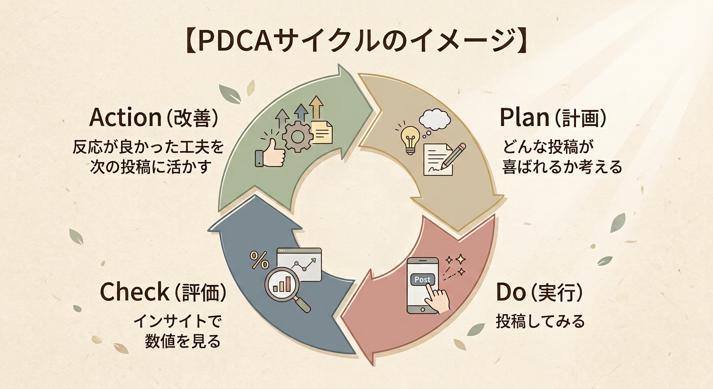 「PDCAサイクルのイメージ」というタイトルのイラスト。円形の矢印で計画（Plan）、実行（Do）、評価（Check）、改善（Action）の流れと、各工程の内容、アイコン（電球、スマホ、グラフ等）が描かれている。